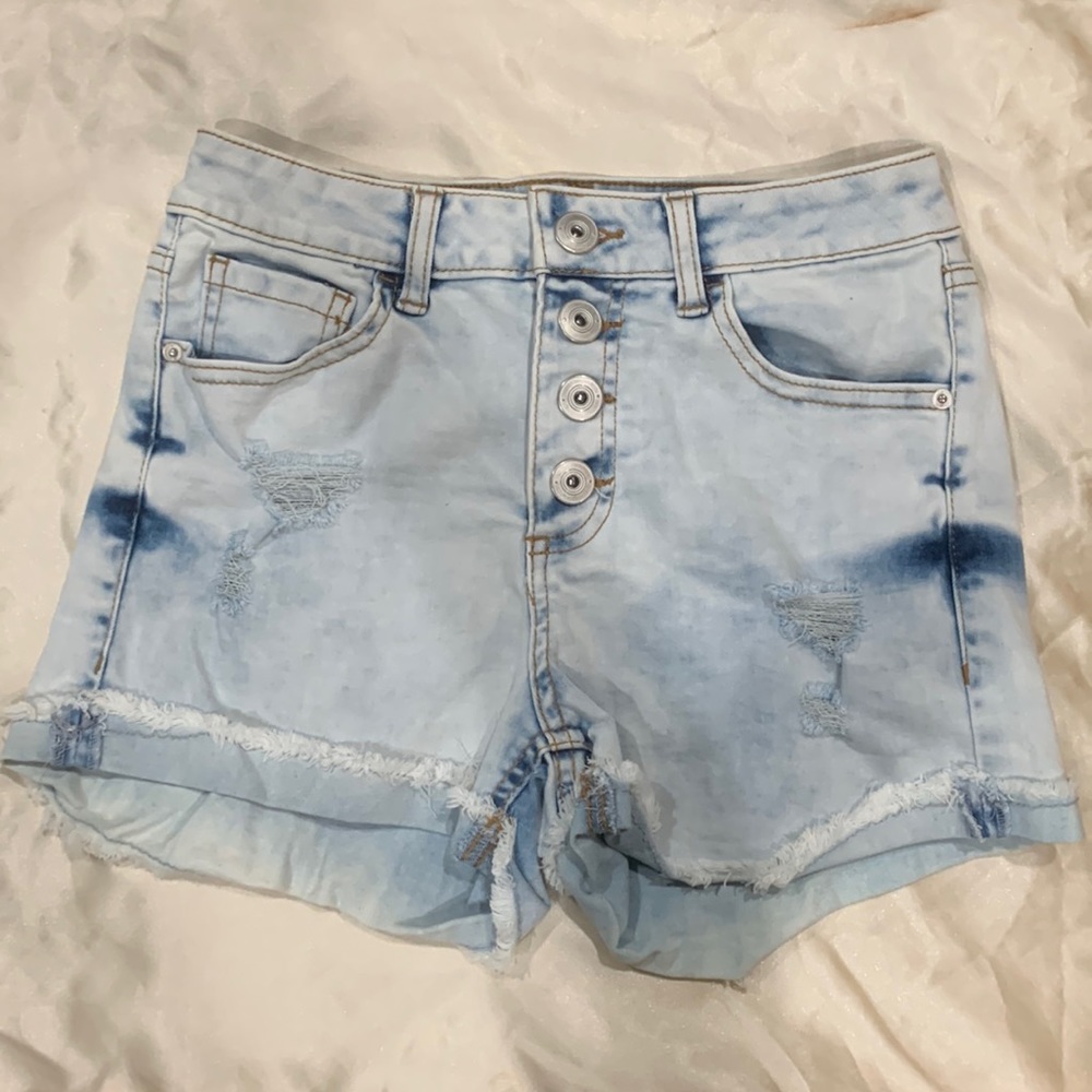 Light Wash High Rise Distressed Denim Shorts